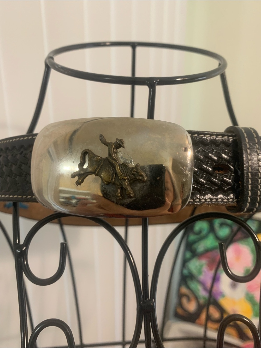 Black Leather Women's Belt with Turquoise leather and Concho Accent - Picture 3 of 7